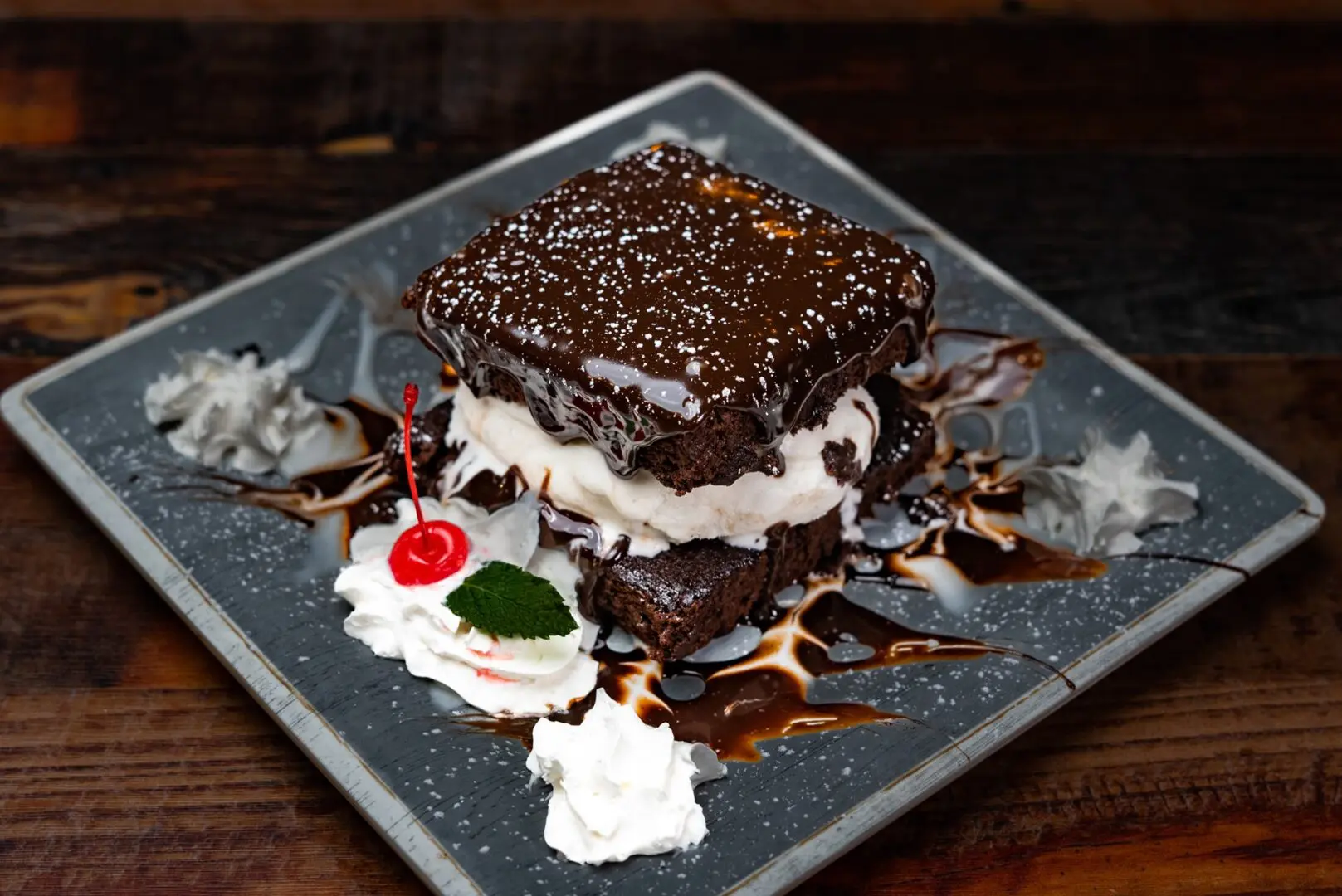 Double chocolate brownie sundae dessert.