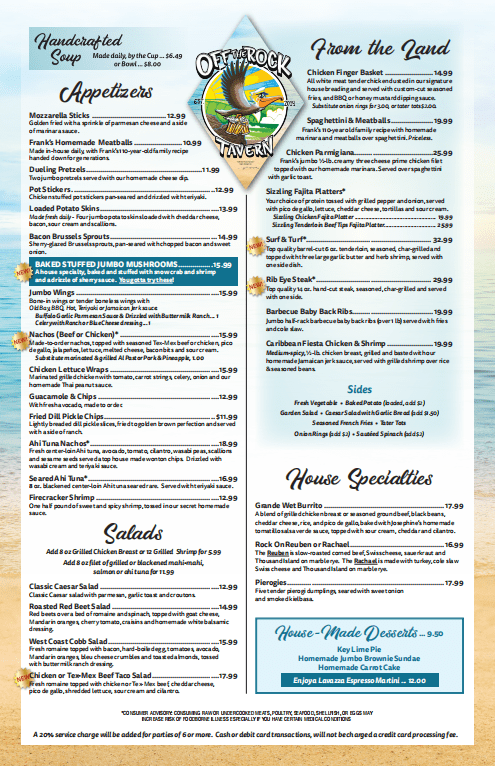 Off the Rock Tavern menu.