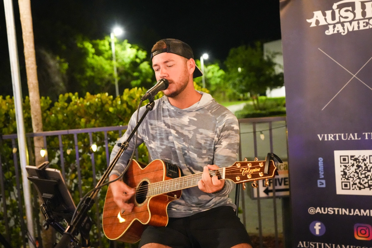 a man singing with a guitar