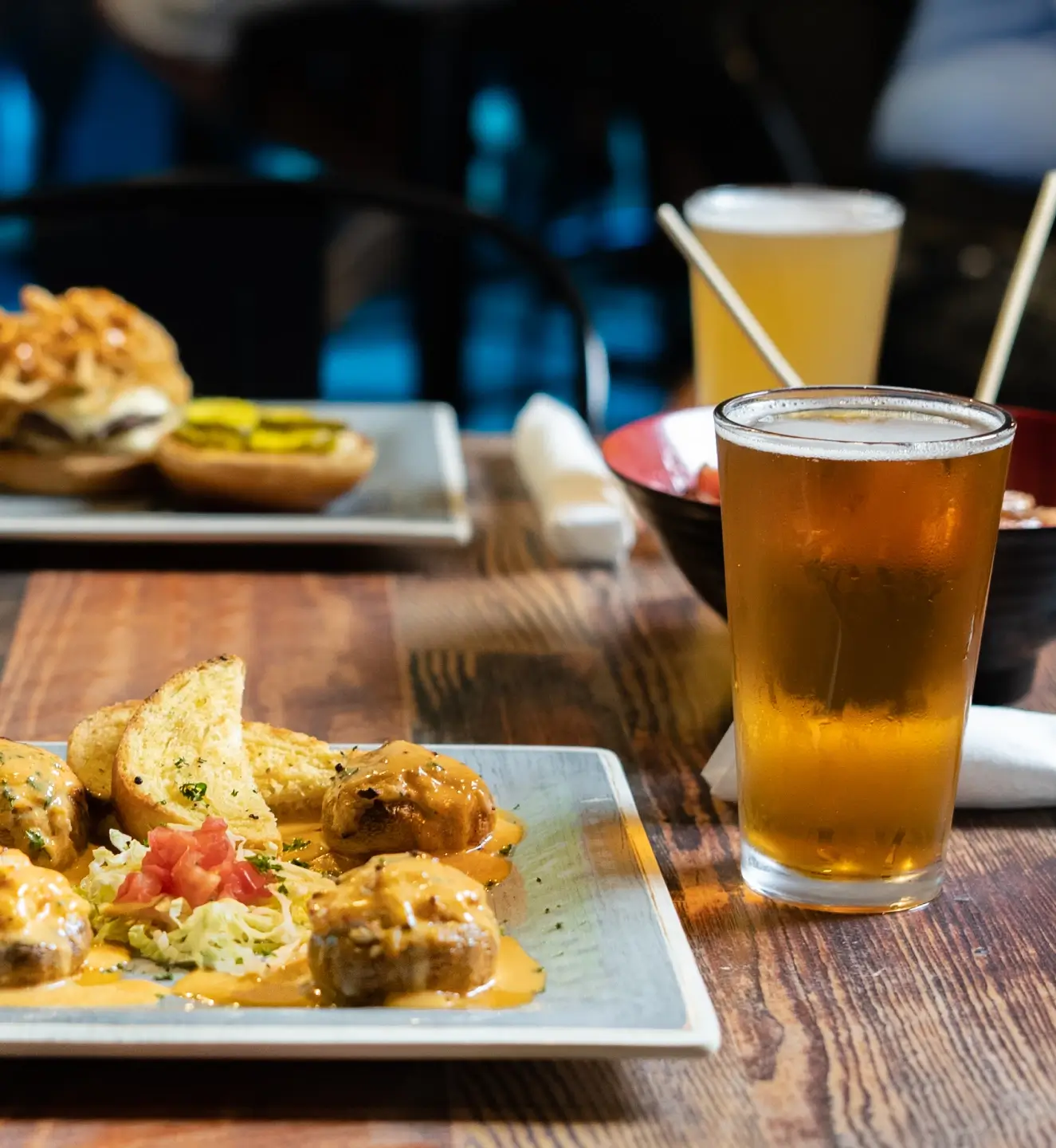 Crab-stuffed mushrooms with beer.